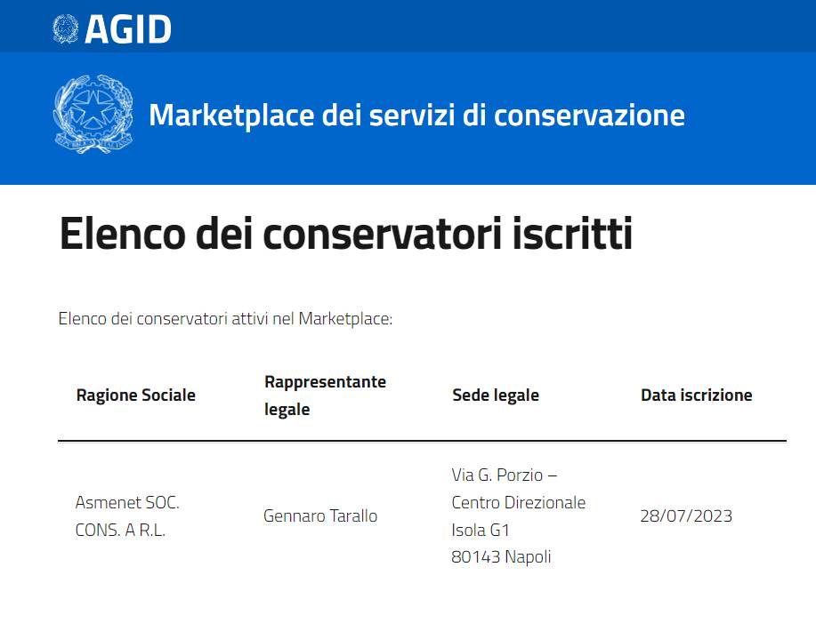 ASMENET NELL'ELENCO DEI CONSERVATORI ATTIVI NEL MARKETPLACE AGID